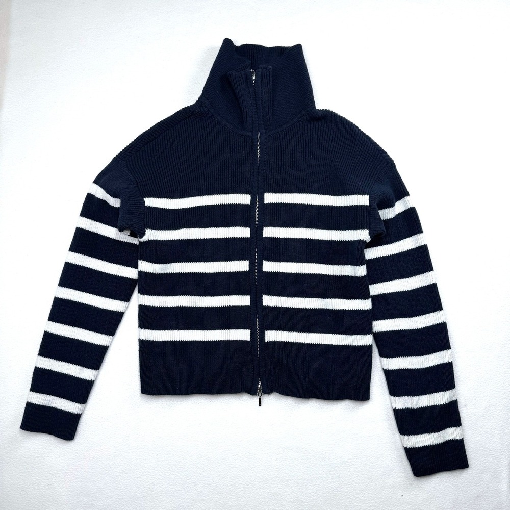 Hollister Women Navy White Striped Ribbed Full Zip Mock Neck Sweater Cardigan M
